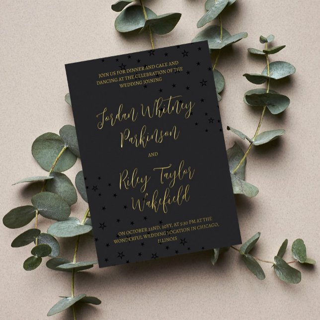 Invitation En Aluminium Typographie noir et or Étoiles Mariage informel (Créateur téléchargé)