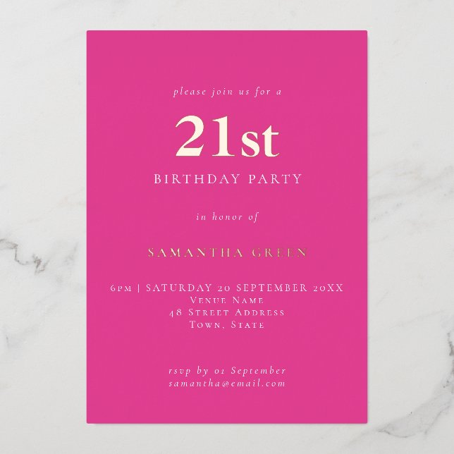Invitation En Aluminium Typographie simple 21e anniversaire Hot rose (Recto)