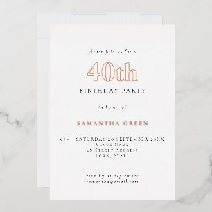 Invitation En Aluminium Typographie simple 40e anniversaire Rose or