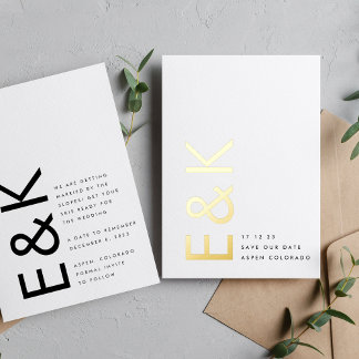 Invitation En Aluminium Ultra Moderne Or Monogramme Enregistrer La Date