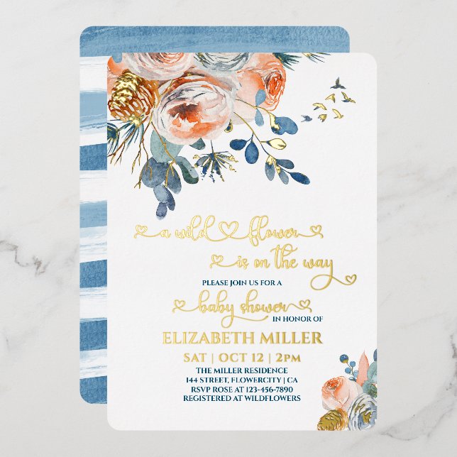 Invitation En Aluminium Un Fleur sauvage Bleu Est En Chemin Bébé Fille Dou (Recto/Verso)