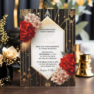 Invitation En Aluminium Un jardin de roses diamant rouge noir et or mariag
