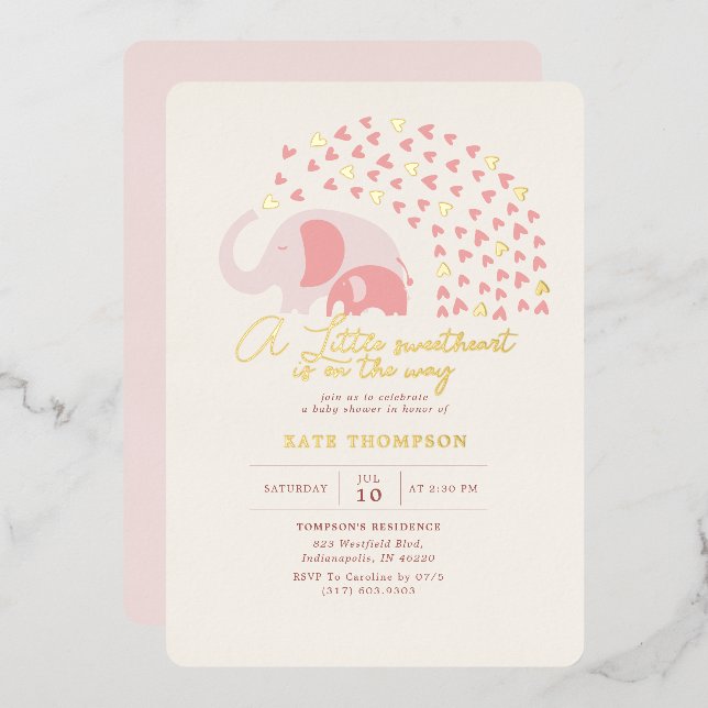 Invitation En Aluminium Un petit amoureux Elephant Girl Baby shower Or (Recto/Verso)