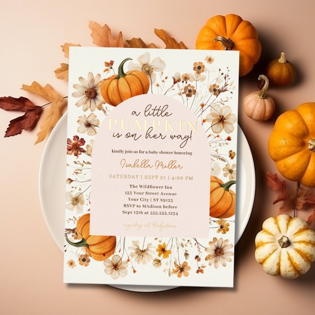 Invitation En Aluminium Un Petit Citrouille Automne Automne Automne Baby s (A Little Pumpkin Autumn Fall Floral Baby Shower Foil Invitation)