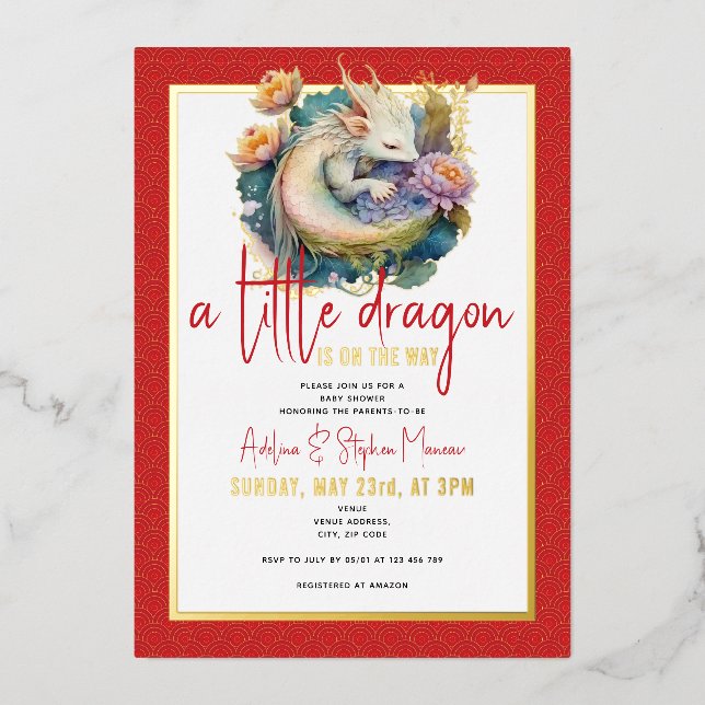 Invitation En Aluminium Un petit dragon arrive Fête bébé rouge (Recto)