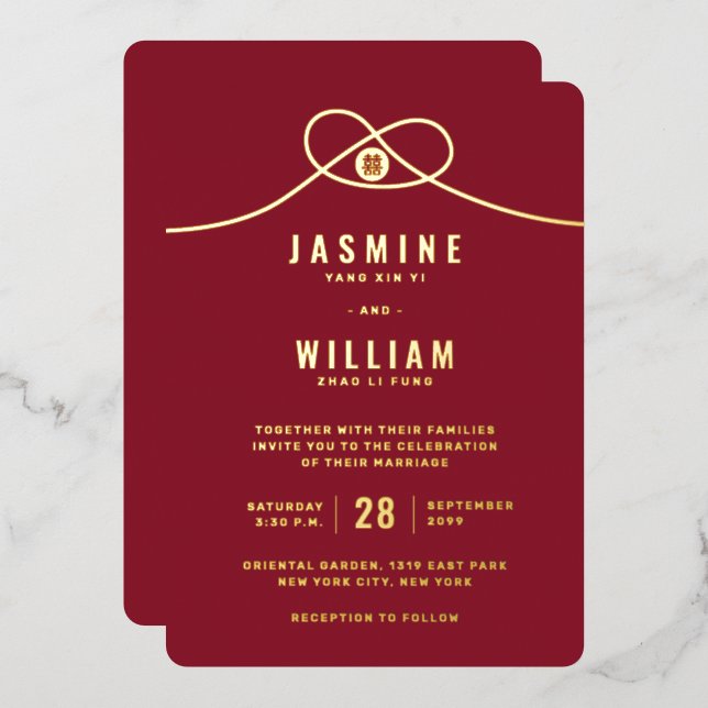 Invitation En Aluminium Union de noeud d'amour Double bonheur Mariage chin (Recto/Verso)