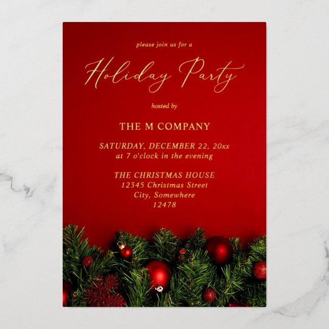 Invitation En Aluminium Vacances Ornement Rouge & Garland (Recto)