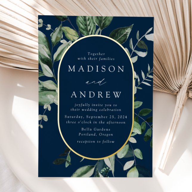 Invitation En Aluminium Végétal abondant Marine et Gold Oval Mariage (Créateur téléchargé)