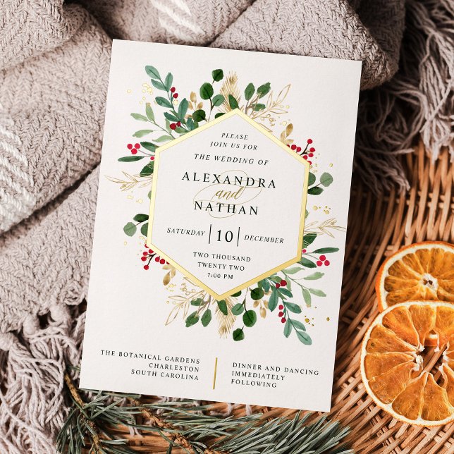 Invitation En Aluminium Végétation dorée sur fond blanc | Mariage de Noël (Créateur téléchargé)
