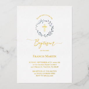 Invitation En Aluminium verdure de couronne bleu poussiéreux Baptême argen