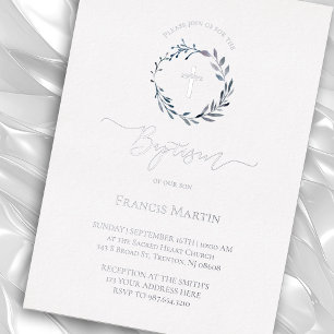 Invitation En Aluminium verdure de couronne bleu poussiéreux Baptême argen
