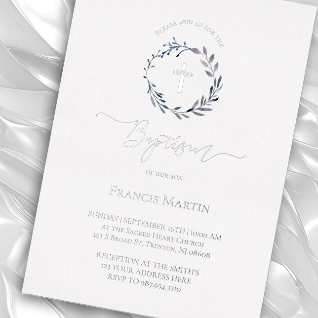 Invitation En Aluminium verdure de couronne bleu poussiéreux Baptême argen (Créateur téléchargé)