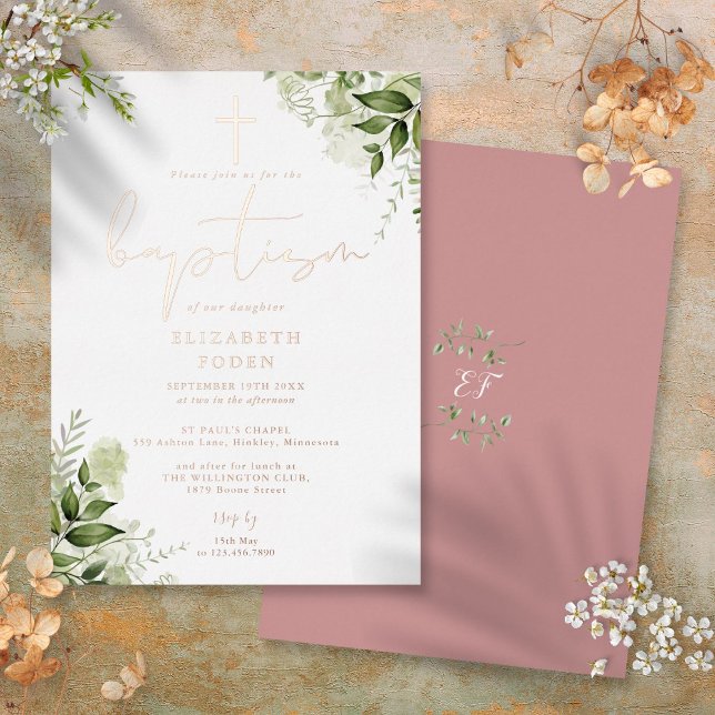 Invitation En Aluminium Verdure Floral Monogramme Baptême Rose Or (Greenery Floral Monogram Baptism Rose Gold Foil Invitation)