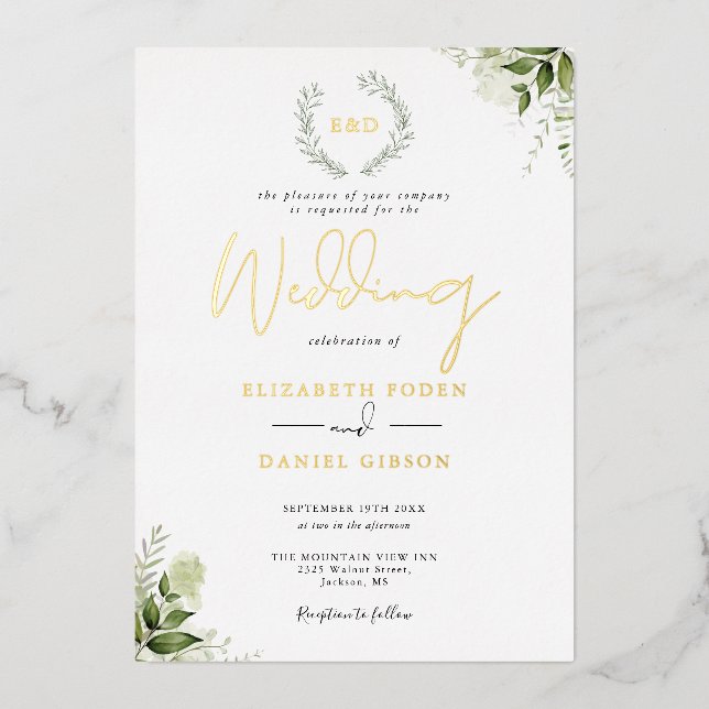 Invitation En Aluminium Verdure Garland Monogramme Mariage Or (Recto)