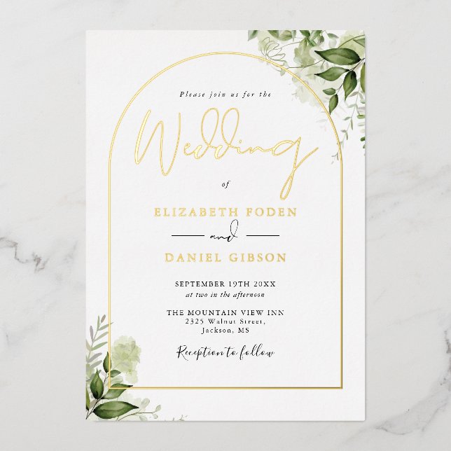 Invitation En Aluminium Verdure Monogramme Élégant Script Mariage Gold Arc (Recto)