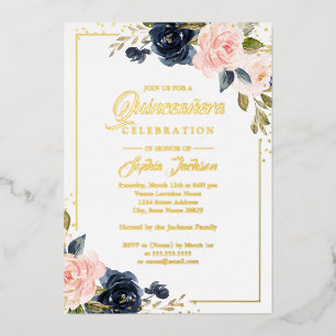 Invitation En Aluminium Véritable Blush Floral Quinceanera en feuille d'or