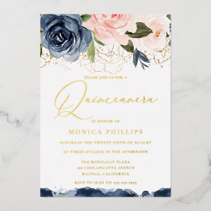 Invitation En Aluminium Véritable Blush Gold Foil & Navy Quinceanera Party