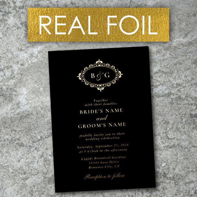 Invitation En Aluminium Véritable couronne d'or noir Elégant Mariage d'or  (Real Gold Foil Wreath Elegant Black Gold Wedding Foil Invitation)