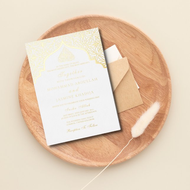 Invitation En Aluminium Véritable feuille d'or blanc Masjid Libellé Mariag (Créateur téléchargé)