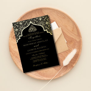 Invitation En Aluminium Véritable feuille d'or noir Masjid Libellé Mariage