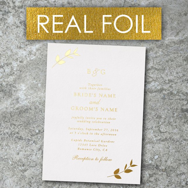 Invitation En Aluminium Véritable Feuilles d'or Élégant Mariage Monogramme (Real Gold Foil Leaves Elegant Monogram Wedding Foil Invitation)