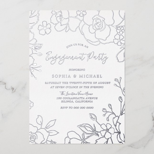 Invitation En Aluminium Véritable Fleur d'Argent Partie d'engagement Éléga (Recto)