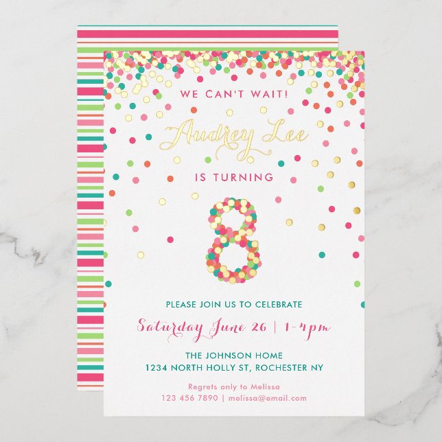 Invitation En Aluminium Véritable Foil 8e anniversaire Invitations, Confet (Recto/Verso)