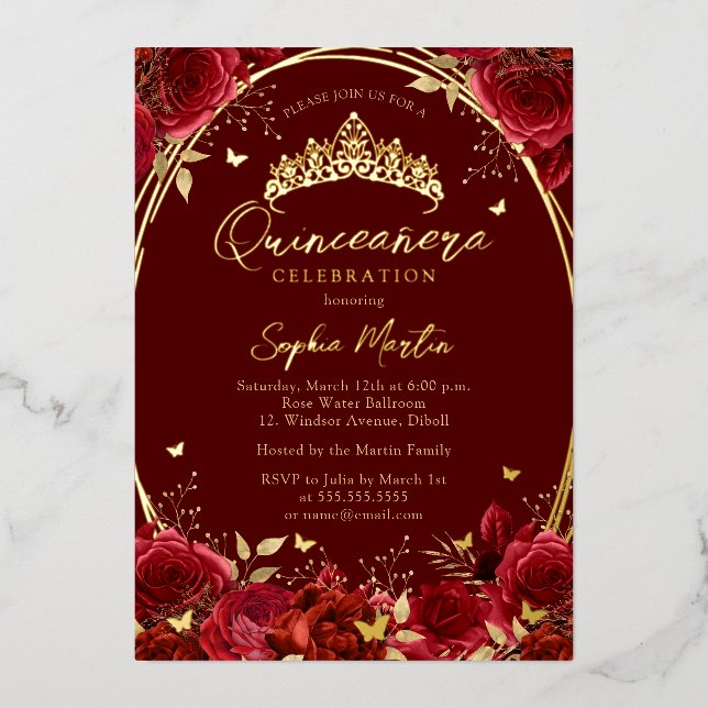 Invitation En Aluminium Véritable Foil Floral Papillon rouge Tiara Quincea (Recto)