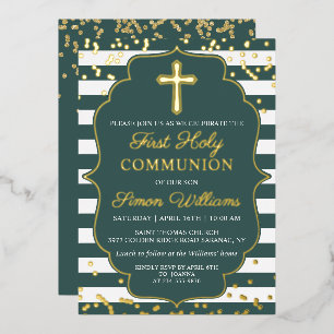 Invitation En Aluminium Véritable Foil Gold Green Stripes Première communi