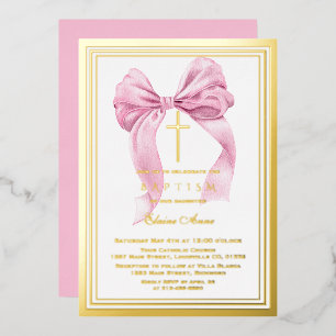Invitation En Aluminium Véritable Foil Luxe Or Rose Bow Girl Baptême Fhuil