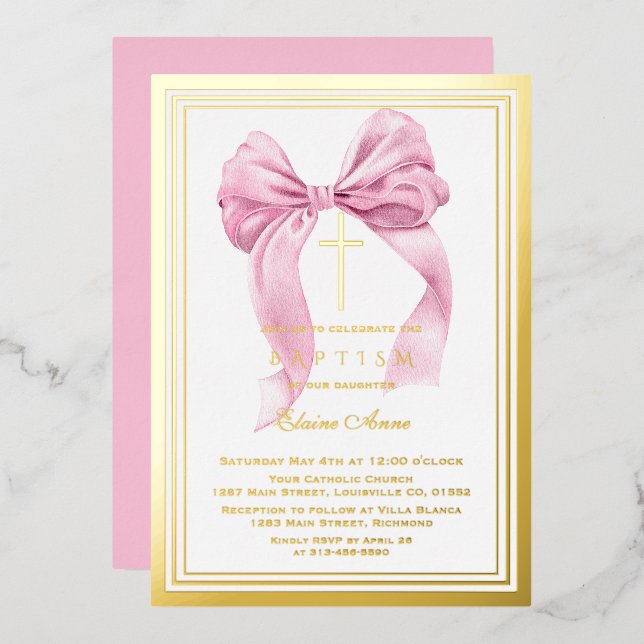 Invitation En Aluminium Véritable Foil Luxe Or Rose Bow Girl Baptême Fhuil (Recto/Verso)