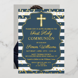 Invitation En Aluminium Véritable Foil Photo Gold Blue Stripes Première co