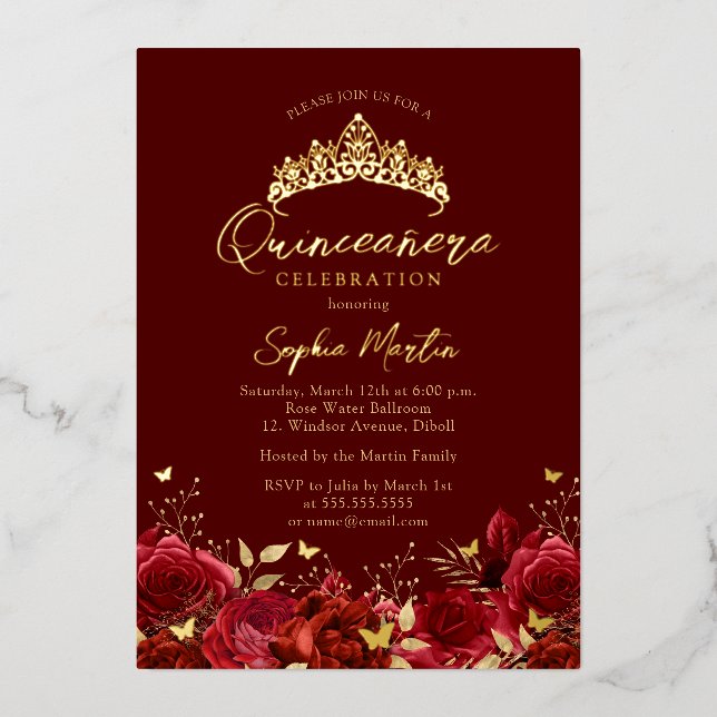 Invitation En Aluminium Véritable Foil Rouge Floral Papillon Tiara Quincea (Recto)