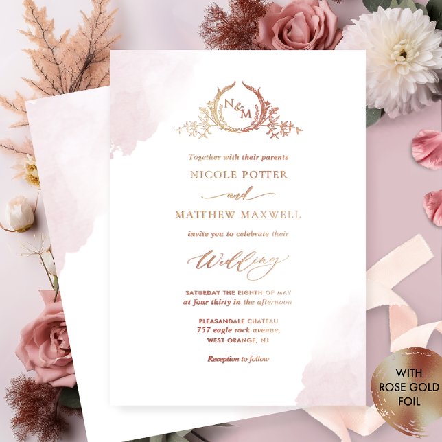 Invitation En Aluminium Véritable Gold Foil Élégant Dusty Rose Mariage Mon (Créateur téléchargé)