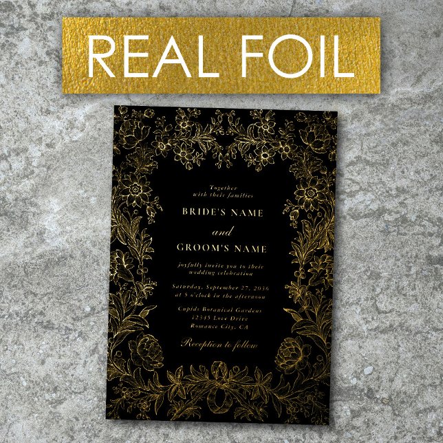 Invitation En Aluminium Véritable Gold Foil Élégant Floral Black Gold Mari (Real Gold Foil Elegant Floral Black Gold Wedding Foil Invitation)