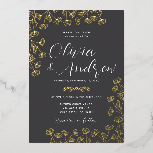 Invitation En Aluminium Véritable Gold Foil Elegant Mariage noir (Recto)