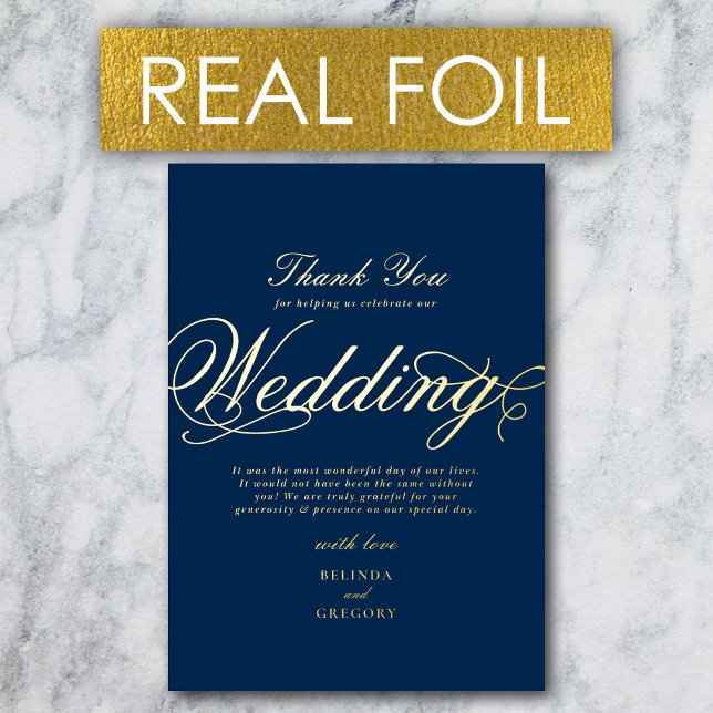 Invitation En Aluminium Véritable Gold Foil Marine Luxe Mariage bleu  Merc (Real Gold Foil Luxury Navy Blue Wedding Thank You Foil Invitation)