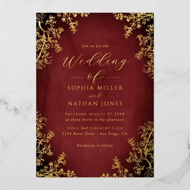 Invitation En Aluminium Véritable Gold Foil Rouge Floral Mariage Script de (Recto)