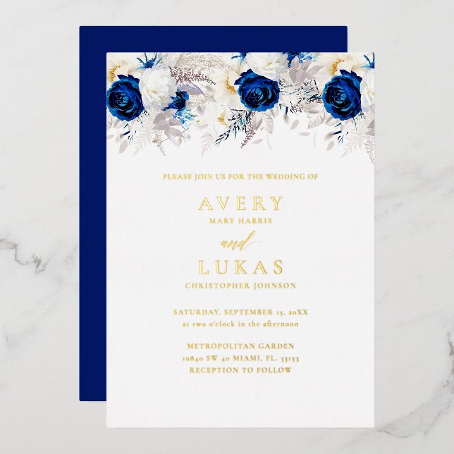 Invitation En Aluminium Véritable Gold Moderne Mariage de fleurs bleues (Recto/Verso)