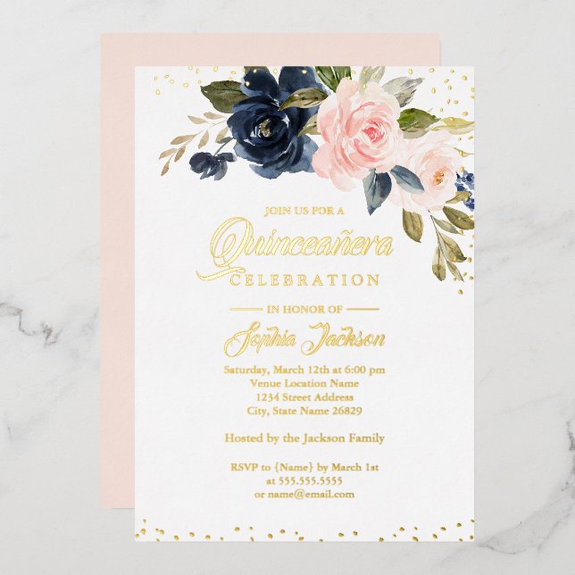 Invitation En Aluminium VÉRITABLE HUILE D'OR Blush Rose Navy Floral Quince (Recto/Verso)