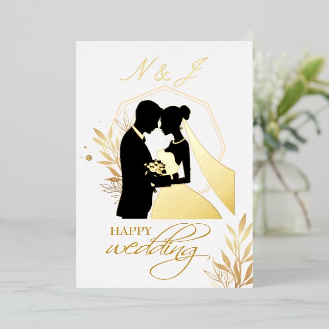 Invitation En Aluminium Véritable huile d'or Élégant Feuille monogramme de (Debout devant)