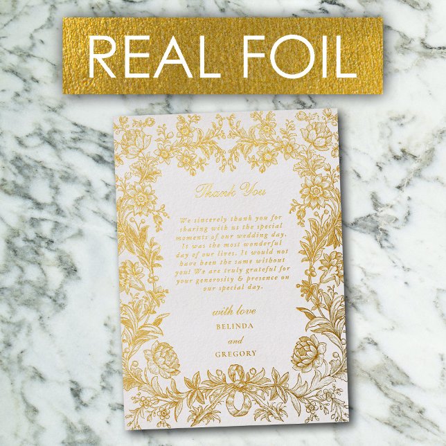 Invitation En Aluminium Véritable huile d'or Élégant Merci Mariage Floral (Real Gold Foil Elegant Floral Wedding Thank You Foil Invitation)