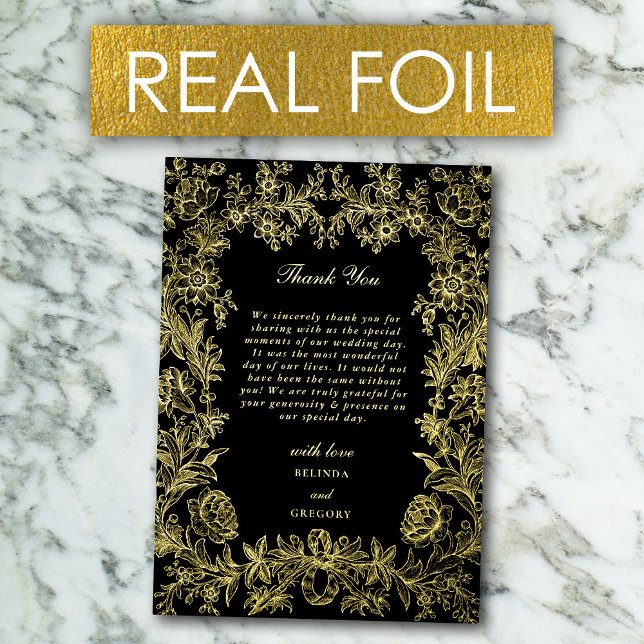 Invitation En Aluminium Véritable huile d'or Floral Mariage noir Merci (Real Gold Foil Floral Black Wedding Thank You Foil Invitation)
