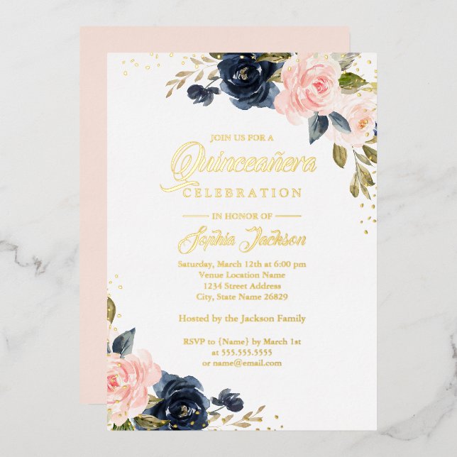 Invitation En Aluminium VÉRITABLE HUILE D'OR Pink Navy Quinceanera florale (Recto/Verso)