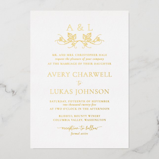 Invitation En Aluminium Véritable Monogramme de Mariage à Feuilles de Vign (Recto)