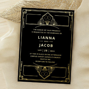 Invitation En Aluminium Véritable or et Noir Vintage Art Déco Mariage des