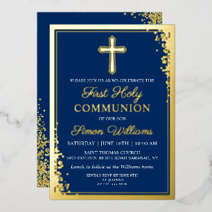 Invitation En Aluminium Véritable or pailleté bleu marine Première communi
