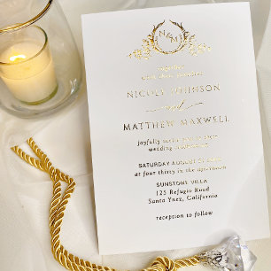 Invitation En Aluminium Véritable papier d'or élégant Couronne Monogramme