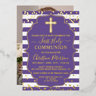 Invitation En Aluminium Véritable Photo à Feuille D'or et Rayure Violette 