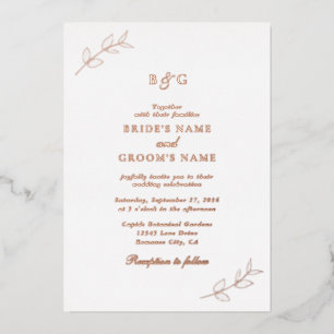 Invitation En Aluminium Véritable Rose Feuille or Monogramme Mariage